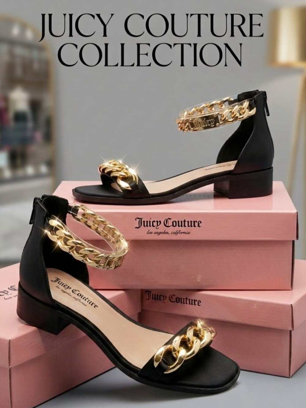 Juicy Couture Themis Chain Sandals Black Gold Block Heel Size 8.5 NIB